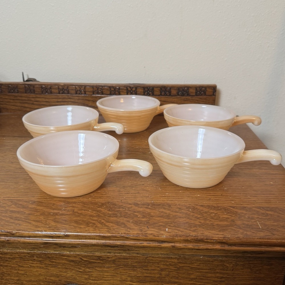 Vintage Fire King Peach Luster Beehive Ovenware Handled Soup Bowl Set Of 5